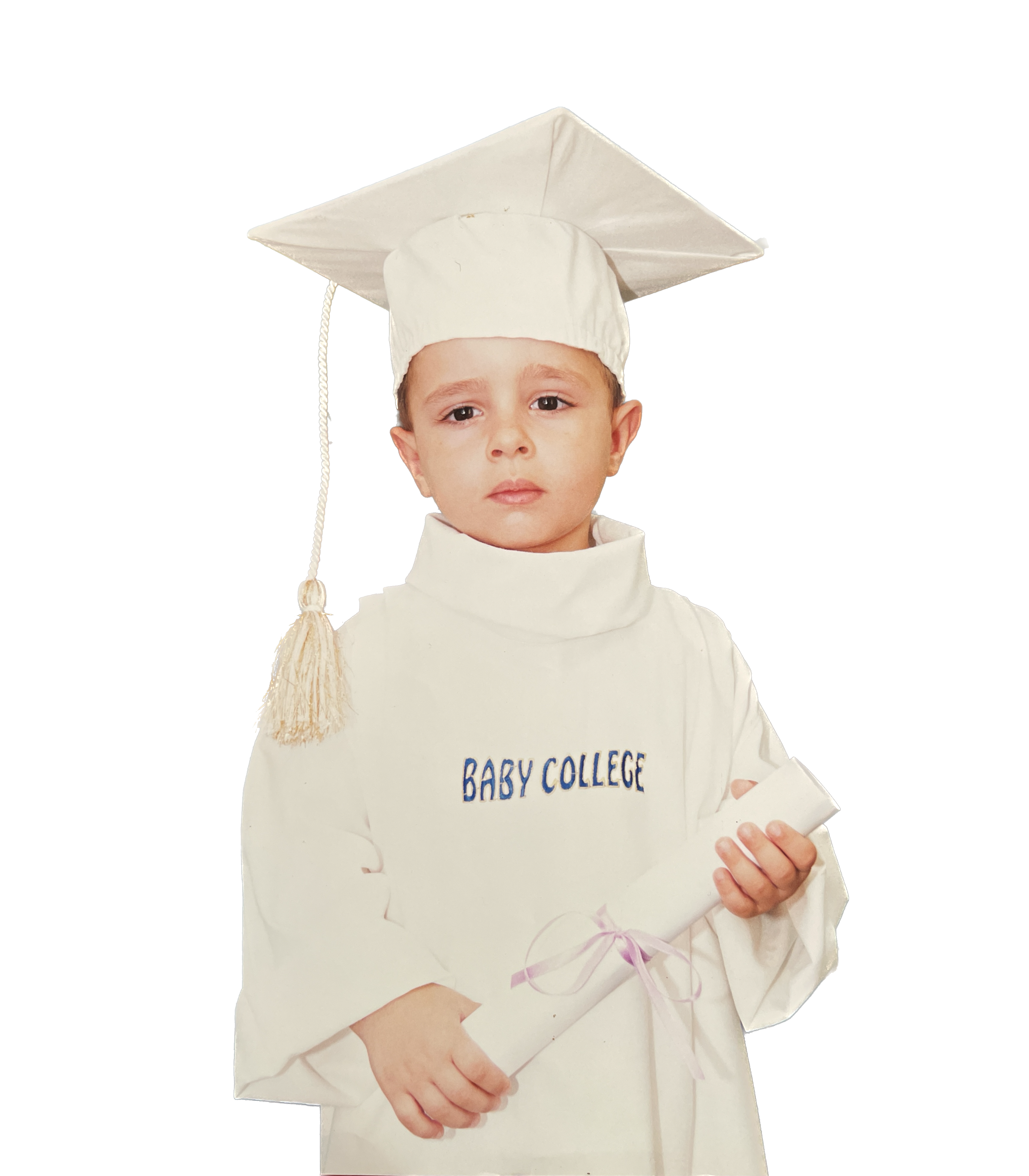 A picture of a young child wearing a graduation gown and cao and holding a diploma.